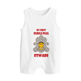My First Durga Puja Classic Devi Portrait Button Romper - WHITE - New Born (Chest 18")