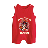 My First Durga Puja Ethnic Goddess Artwork Button Romper - RED - New Born (Chest 18")