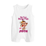 My First Durga Puja Cute Divine Character Button Romper - WHITE - New Born (Chest 18")