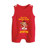 My First Durga Puja Cute Divine Character Button Romper - RED - New Born (Chest 18")