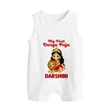My First Durga Puja Goddess & Lion Baby Button Romper - WHITE - New Born (Chest 18")