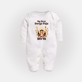 My First Durga Puja Baby Full Body Suit - WHITE - New Born (Chest 7.5")