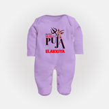 My First Durga Puja Trishul & Goddess Face Baby Full Body Suit - LILAC - New Born (Chest 7.5")