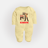My First Durga Puja Trishul & Goddess Face Baby Full Body Suit - PASTEL YELLOW - New Born (Chest 7.5")