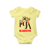 My First Durga Puja Trishul & Goddess Face Baby Romper - PASTEL YELLOW - New Born (Chest 14")