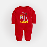 My First Durga Puja Trishul & Goddess Face Baby Full Body Suit - RED - New Born (Chest 7.5")