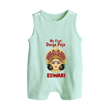 My First Durga Puja Traditional Goddess Face Baby Button Romper - MINT GREEN - New Born (Chest 18")