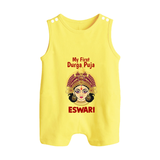 My First Durga Puja Traditional Goddess Face Baby Button Romper - PASTEL YELLOW - New Born (Chest 18")