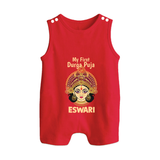 My First Durga Puja Traditional Goddess Face Baby Button Romper - RED - New Born (Chest 18")