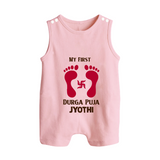 My First Durga Puja Baby Footprint Baby Button Romper - BABY PINK - New Born (Chest 18")