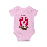 My First Durga Puja Baby Footprint Baby Romper - BABY PINK - New Born (Chest 14")
