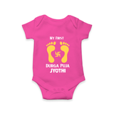 My First Durga Puja Baby Footprint Baby Romper - HOT PINK - New Born (Chest 14")
