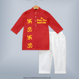 Jai Durga Maa Om & Swastik Kurta - RED - 3 - 6 Months Old (Chest 24", Kurta Length 14'', Waist 19", Pant Length 14")