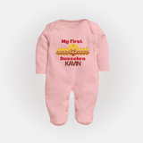 My First Dussehra Victory Bow Full Body Suit - BABY PINK - New Born (Chest 7.5")