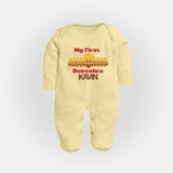 My First Dussehra Victory Bow Full Body Suit - PASTEL YELLOW - New Born (Chest 7.5")