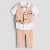 Second Year Farm Themed Customized Waist Coat With Name For Kids - PEACH - 1 Year Old (Waist Coat - Chest 22"/Pant Length 17"/Pant Waist 21")