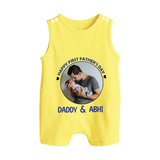 Funny First Father's Day Romper Suit/Sleeveless Romper | I Get My Looks from Dad Custom Set - PASTEL YELLOW - 0 - 5 Months Old (Chest 18")