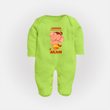 Ganesha My Dancing Companion Sleep Suit / Full Sleeve Body Suit | Custom Baby Sleep Suit / Full Sleeve Body Suit for Ganesha Devotees - LIME GREEN - New Born (Chest 7.5")
