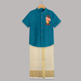 Ganesha My Dancing Companion Shirt and Dhoti | Custom Baby Shirt and Dhoti for Ganesha Devotees - PEACOCK BLUE - 0 - 6 Months Old (Chest-23") (Dhoti length-14")