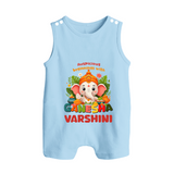 Auspicious Beginnings with Ganesha Romper Suit / Sleeveless Romper | Custom Baby Romper Suit / Sleeveless Romper for Ganesha Celebration - BABY BLUE - 0 - 5 Months Old (Chest 18")