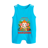 Auspicious Beginnings with Ganesha Romper Suit / Sleeveless Romper | Custom Baby Romper Suit / Sleeveless Romper for Ganesha Celebration - SKY BLUE - 0 - 5 Months Old (Chest 18")