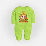 Auspicious Beginnings with Ganesha Sleep Suit / Full Sleeve Body Suit | Custom Baby Sleep Suit / Full Sleeve Body Suit for Ganesha Celebration - LIME GREEN - New Born (Chest 7.5")