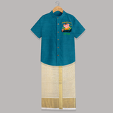 Obstacle Free with Ganesha Shirt and Dhoti | Personalized Baby Shirt and Dhoti for Ganesha Devotees - PEACOCK BLUE - 0 - 6 Months Old (Chest-23") (Dhoti length-14")