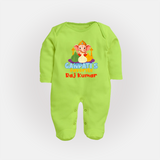 Ganapati's Favorite Sleep Suit / Full Sleeve Body Suit | Custom Baby Sleep Suit / Full Sleeve Body Suit for Ganesha Celebration - LIME GREEN - New Born (Chest 7.5")