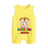 Wise Little Ganesha Romper Suit / Sleeveless Romper | Personalized Baby Romper Suit / Sleeveless Romper for Ganesha Festival - PASTEL YELLOW - 0 - 5 Months Old (Chest 18")