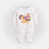 Jai Ganesha Deva Sleep Suit / Full Sleeve Body Suit | Custom Baby Sleep Suit / Full Sleeve Body Suit for Ganesha Festival - WHITE - New Born (Chest 7.5")
