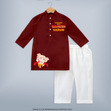 Dancing With Ganesha Kurta Set | Custom Kurta Set for Ganesha Celebration - MAROON - 3 - 6 Months Old (Chest 24", Kurta Length 14'', Waist 19", Pant Length 14")