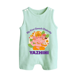 Little Ganesh Devotee Romper Suit / Sleeveless Romper | Custom Baby Romper Suit / Sleeveless Romper for First Ganesh Chaturthi - MINT GREEN - 0 - 5 Months Old (Chest 18")