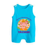 Little Ganesh Devotee Romper Suit / Sleeveless Romper | Custom Baby Romper Suit / Sleeveless Romper for First Ganesh Chaturthi - SKY BLUE - 0 - 5 Months Old (Chest 18")