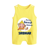 Ganesh Chaturthi Romper Suit / Sleeveless Romper for Baby | Custom Romper Suit / Sleeveless Romper to Celebrate First Ganesh Chaturthi - PASTEL YELLOW - 0 - 5 Months Old (Chest 18")