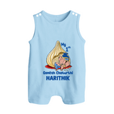 My First Cute Ganesha Under Umbrella Celebration Printed Button Romper - BABY BLUE - New Born (Chest 18")