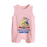 My First Cute Ganesha Under Umbrella Celebration Printed Button Romper - BABY PINK - New Born (Chest 18")