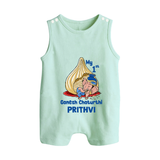 My First Cute Ganesha Under Umbrella Celebration Printed Button Romper - MINT GREEN - New Born (Chest 18")