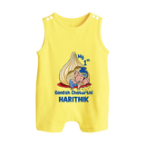 My First Cute Ganesha Under Umbrella Celebration Printed Button Romper - PASTEL YELLOW - New Born (Chest 18")