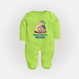 My First Cute Ganesha Under Umbrella Celebration Printed Fullbody Suit - LIME GREEN - New Born (Chest 7.5")