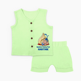 My First Cute Ganesha Under Umbrella Celebration Printed Jabla Set - PASTEL GREEN - 0 - 3 Months Old (Chest 9.8")