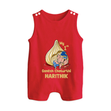 My First Cute Ganesha Under Umbrella Celebration Printed Button Romper - RED - New Born (Chest 18")