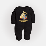 My First Cute Ganesha Under Umbrella Celebration Printed Fullbody Suit - BLACK - New Born (Chest 7.5")