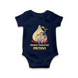 My First Cute Ganesha Under Umbrella Celebration Printed Romper - NAVY BLUE - New Born (Chest 14")
