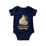 My First Cute Ganesha Under Umbrella Celebration Printed Romper - NAVY BLUE - New Born (Chest 14")
