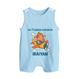 My First Little Ganesha Flying Adventure Illustration Printed Button Romper - BABY BLUE - New Born (Chest 18")