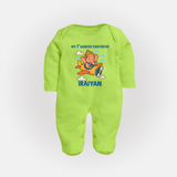 My First Little Ganesha Flying Adventure Illustration Printed Fullbody Suit - LIME GREEN - New Born (Chest 7.5")