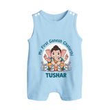 My First Baby Ganesha With Mouse Companion Printed Button Romper - BABY BLUE - New Born (Chest 18")