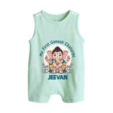 My First Baby Ganesha With Mouse Companion Printed Button Romper - MINT GREEN - New Born (Chest 18")