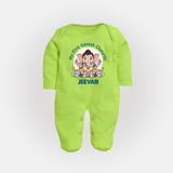 My First Baby Ganesha With Mouse Companion Printed Fullbody Suit - LIME GREEN - New Born (Chest 7.5")