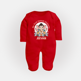 My First Baby Ganesha With Mouse Companion Printed Fullbody Suit - RED - New Born (Chest 7.5")